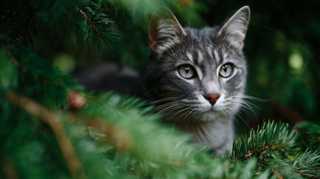 Gray cat resting among green tree branches in a natural settingの素材