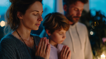 Family practicing gratitude meditation during evening at home gatheringの素材