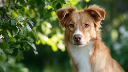 Dog looking curiously at the camera in a lush green forest during daytimeの素材