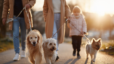 Walking dogs during sunset with family in a park on a chilly dayの素材