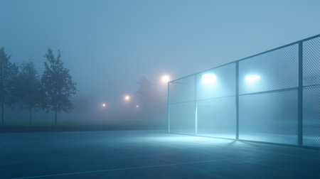 Misty evening at an empty basketball court with illuminated surroundingsの素材