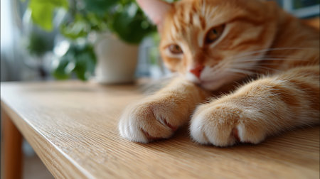 Orange cat relaxing on a wooden table near a potted plant during the dayの素材
