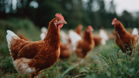 Chickens roam freely in a lush green field during a sunny afternoonの素材