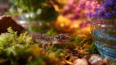 Colorful gecko exploring its vibrant habitat surrounded by plants and waterの素材