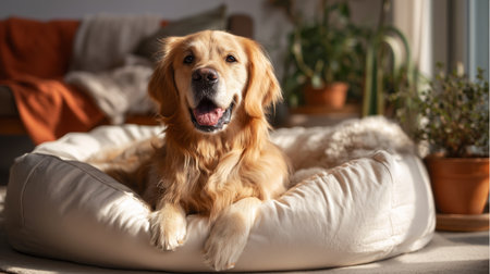 Golden retriever relaxing comfortably in a cozy dog bed indoors during daylightの素材