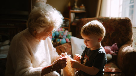 Grandmother teaching her grandson to knit in a cozy living room filled with toysの素材