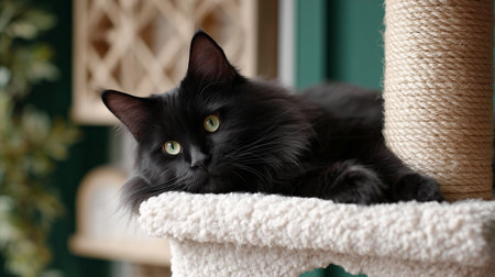 Black fluffy cat resting comfortably on a cozy perch in a bright roomの素材