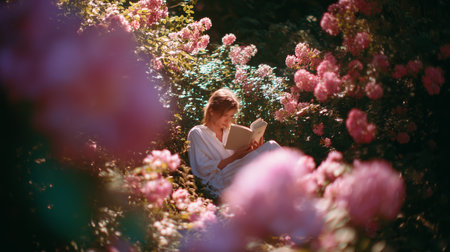 Reading in a blooming garden filled with pink flowers during a sunny afternoonの素材