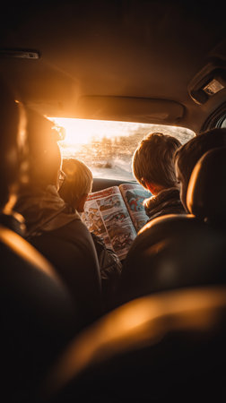 Boys exploring a map in a car as sunlight streams through the window during sunsetの素材