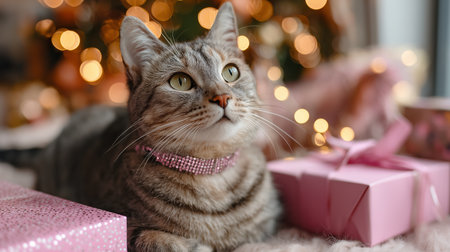 Charming gray cat rests among presents during festive holiday seasonの素材