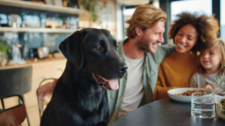Happy family enjoys meal with their black dog in cozy restaurantの素材