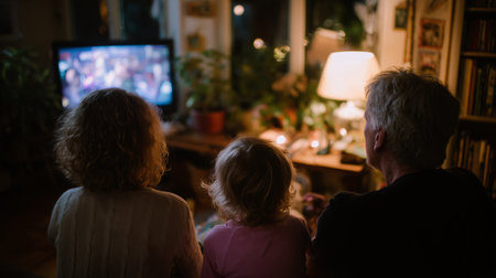 Family watching TV together in a cozy living room during the eveningの素材