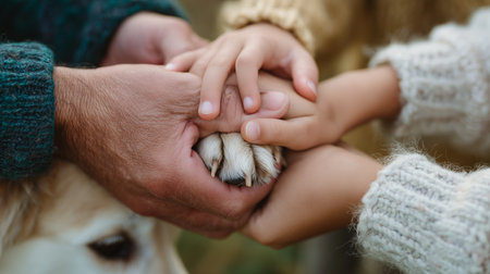 Families bonding with pets during a sunny afternoon in the parkの素材