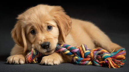 Golden retriever puppy playing with a colorful rope toy indoorsの素材