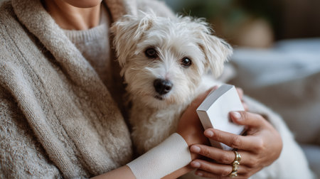 Woman holding a small dog and a gift box in a cozy indoor setting during winterの素材