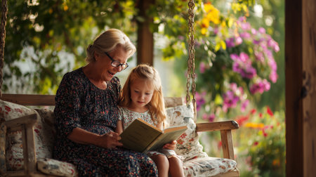 Grandmother and granddaughter share a cozy moment reading together in a garden settingの素材