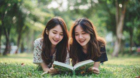 Two friends enjoy reading a book together on a sunny afternoon in the parkの素材