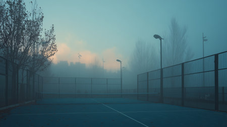 Foggy morning at an empty tennis court with blue surface and dim lightsの素材