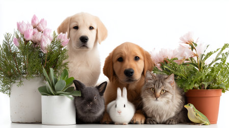 Golden puppies and various pets surrounded by plants and flowers in a bright settingの素材