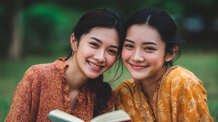 Two friends enjoying a book together in a green park on a sunny dayの素材