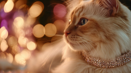 White cat with sparkling collar sits calmly against a festive background of lightsの素材