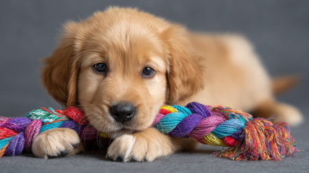Cute golden retriever puppy playing with a colorful rope toy indoorsの素材