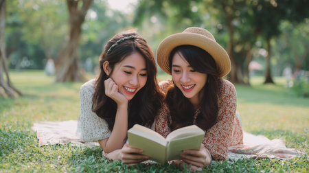 Two friends enjoying a book while relaxing in a sunny park setting during afternoon hoursの素材
