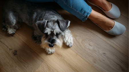 Schnauzer relaxes beside owner in cozy indoor setting with wooden floorの素材
