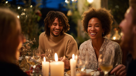 Friends enjoying dinner together in a cozy atmosphere with candles and warm lightの素材