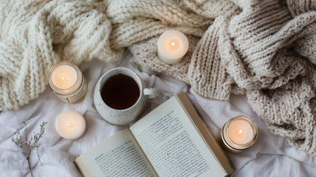 Cozy reading nook with a warm drink and soft lighting on a winter eveningの素材