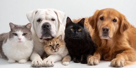 Pets sitting together in harmony on a plain background during a studio sessionの素材
