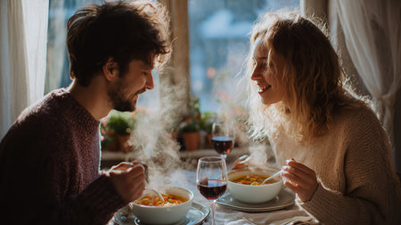 Couple enjoys a cozy dinner together in a warm winter setting with steaming bowls of soupの素材