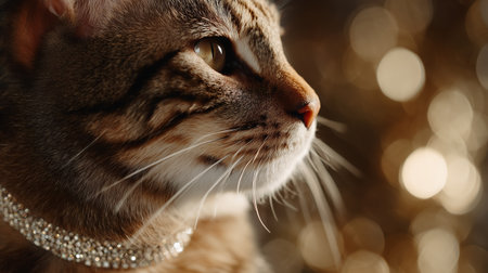 Cat with sparkling collar poses against a blurred golden background during evening lightの素材