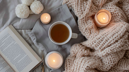 Warm beverage and cozy blanket create a relaxing atmosphere for reading at homeの素材