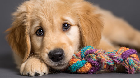 Soft golden retriever puppy resting with a colorful rope toy in a studio settingの素材