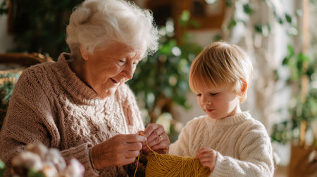 Elderly woman and young child enjoy knitting together in a cozy indoor settingの素材