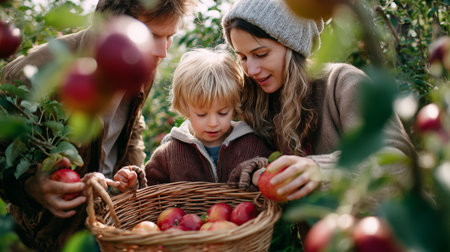 Family enjoys apple picking in an orchard during the autumn seasonの素材