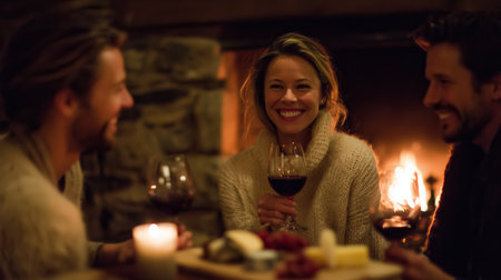Friends enjoying wine and cheese by the cozy fireplace on a winter eveningの素材