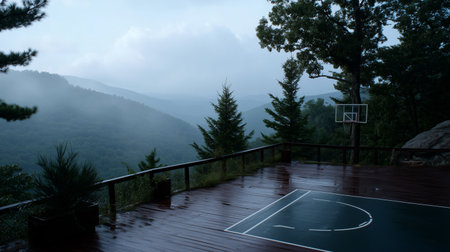 Basketball court in a misty mountain setting during a rainy eveningの素材