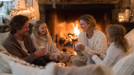 Family enjoying warm drinks by the fireplace during a cozy winter eveningの素材
