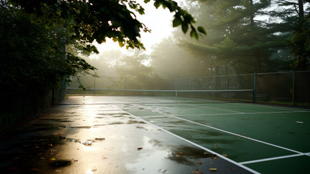 Early morning mist blankets a quiet tennis court after the rain in a serene park settingの素材