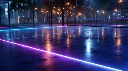 Colorful neon lights illuminate a wet tennis court at night in a city parkの素材