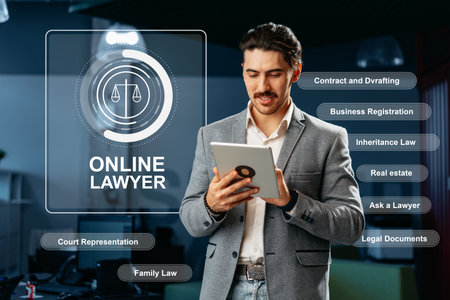 Online lawyer provides legal advice through a digital platform in a modern office setting