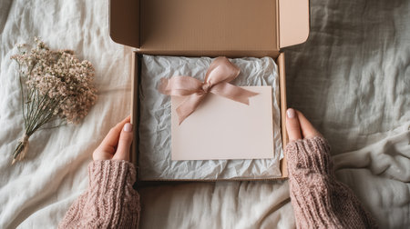 Gift box with note and flowers on soft fabric surface during morning lightの素材