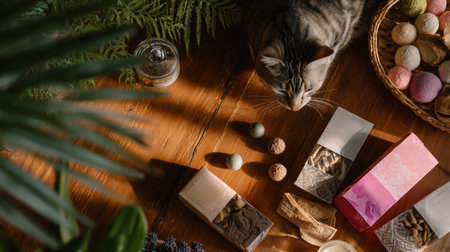 Cozy afternoon with a cat and assorted treats on a wooden tableの素材