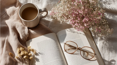 Relaxing morning with coffee, a book, and flowers on soft fabricの素材
