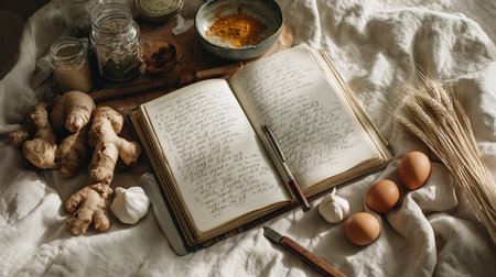 Ginger, eggs, and notes create a cozy kitchen scene in a home cooks spaceの素材