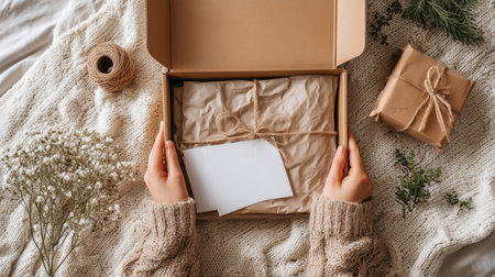 Opening a carefully wrapped gift box with natural decorations and cozy settingの素材