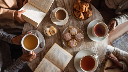 Gathering for coffee and reading at a cozy table in a warm settingの素材