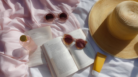 Relaxing day at the beach with a book, sunglasses, and sun protection near the oceanの素材